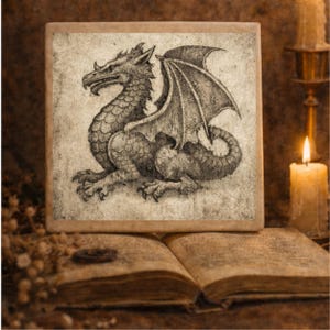 May include: Square, sepia-toned artwork featuring a detailed illustration of a dragon with outstretched wings. The dragon is depicted in a vintage style, with intricate scales and a fierce expression. The artwork is placed on an open book, with a lit candle in the background.