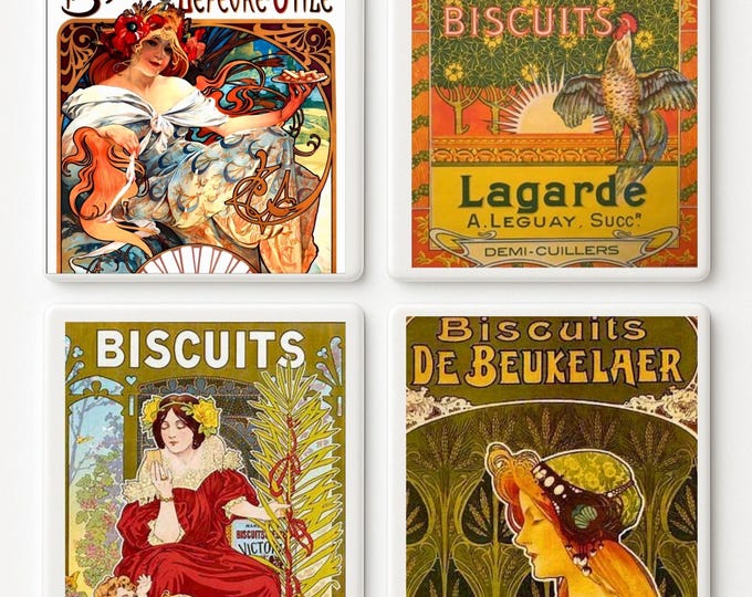 Art Nouveau Tile Coasters Vintage French Poster Decor Parisian Ceramic Gift for Her
