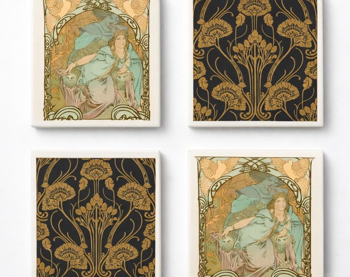 Art Nouveau Ceramic Tiles –Gilded Age Tile Set of 4 | Historic Victorian Home Decor