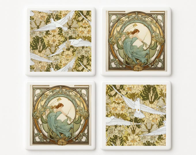 Art Nouveau Ceramic Coaster Set: Handmade Drink Coasters