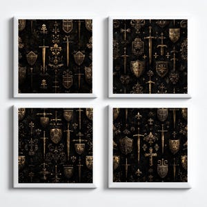 Medieval Sword Shield Tile Set, Gothic Castle Decor, Dark Academia Coasters