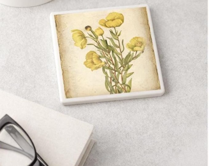 Yellow Wildflower Ceramic Tile Coaster Botanical Wall Decor
