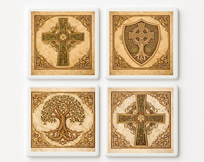 Set of 4 Handmade Celtic Ceramic Tiles, Tree of Life, Shield Coasters