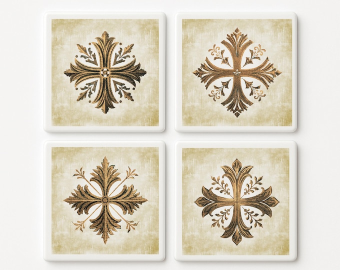 Set of 4 Medieval Cross Tile Coasters, Gothic Decor, 6x6 and 8x8 Wall Tile