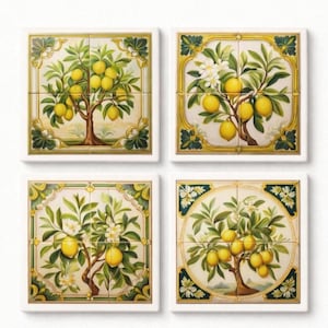 May include: Four square ceramic tile murals, each composed of four smaller tiles, featuring detailed illustrations of lemon trees with green leaves, yellow lemons, and white blossoms, framed by decorative yellow and green geometric borders.