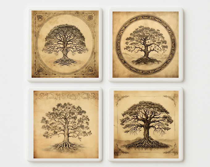 Tree of Life Tile Set of 4 | Medieval Botanical Art
