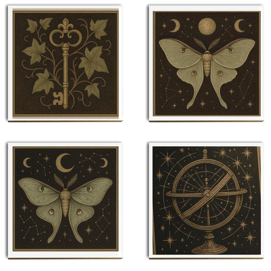 Moth Key Racks Moon Moth & Key Coaster Set – Vintage Dark Academia Tile Decor - Etsy