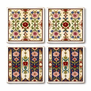 May include: A set of four square coasters featuring intricate floral patterns. Two coasters display a cream background with red, pink, and blue botanical motifs, while the other two feature alternating vertical stripes of deep blue and cream.