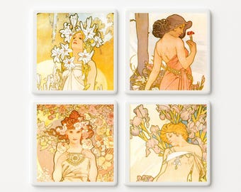 Juego de posavasos de Alphonse Mucha, azulejo cerámico Art Nouveau, decoración floral vintage, decoración romántica maximalista.