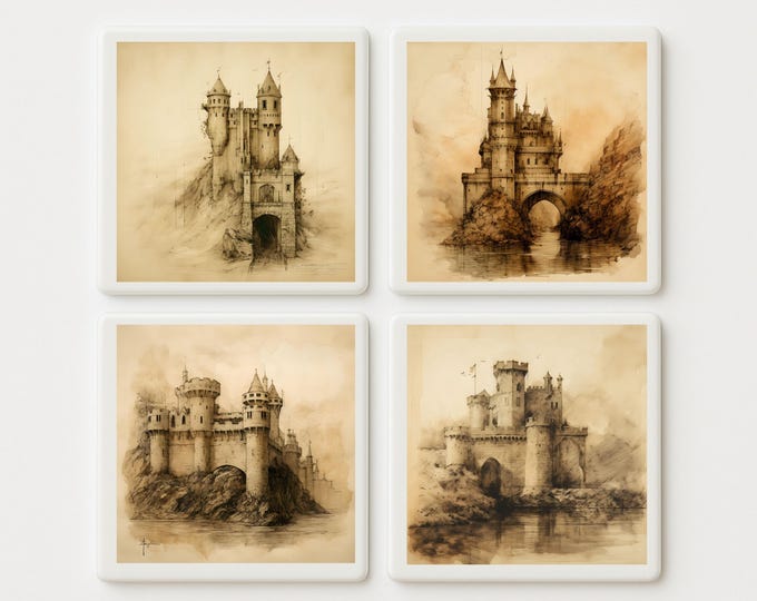 Medieval Castle Tile Set of 4 | Hand Sketched Fortress Art