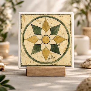 Medieval Ceramic Tile Coaster, Antique European Floral, Old World Decor, Tuscan Spanish Style, Handmade