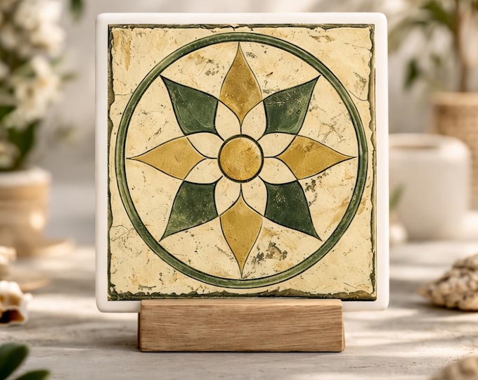 Medieval Ceramic Tile Coaster, Antique European Floral, Old World Decor, Tuscan Spanish Style, Handmade