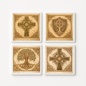 May include: A set of four square coasters featuring intricate illustrations on a parchment-style background. The designs include two Celtic crosses with green accents, a tree of life, and a shield containing a cross, all framed by ornate borders.