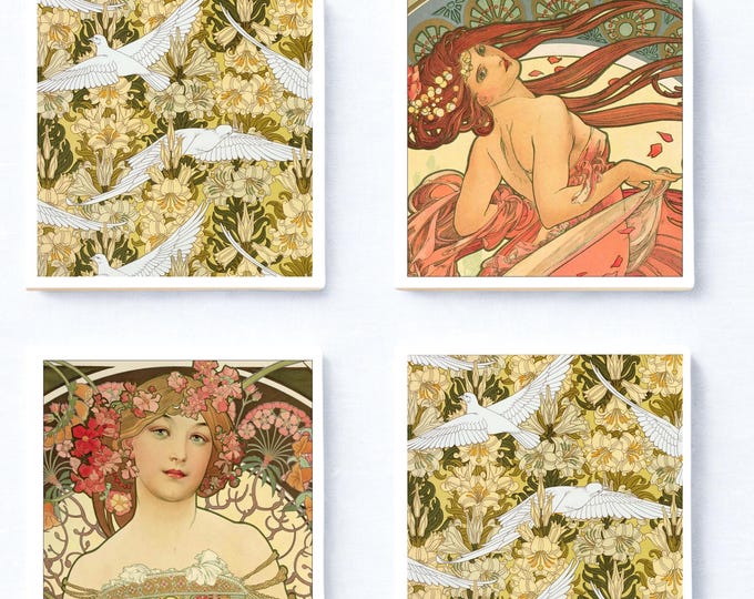 Art Nouveau Floral Tiles Set of 4 | Swan & Muse Ceramic Decor