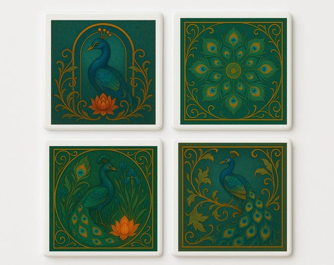 Art Nouveau Peacock Ceramic Tile | Vintage Emerald & Gold Coaster | Decorative Tile | The Distant Century