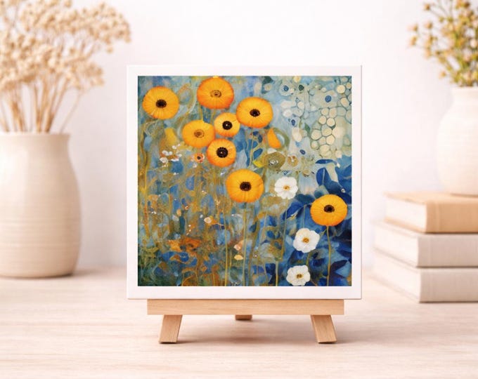 Art Nouveau Floral Ceramic Tile Coaster, Gilded Poppy Botanical Decor