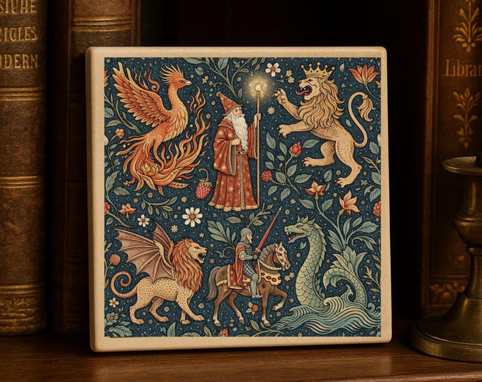 Medieval Mythical Beast Ceramic Tile | Dragon & Phoenix Art Deco