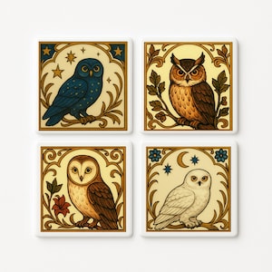 Celtic Owl Ceramic Coasters: Set of Four Woodland Bird Tiles