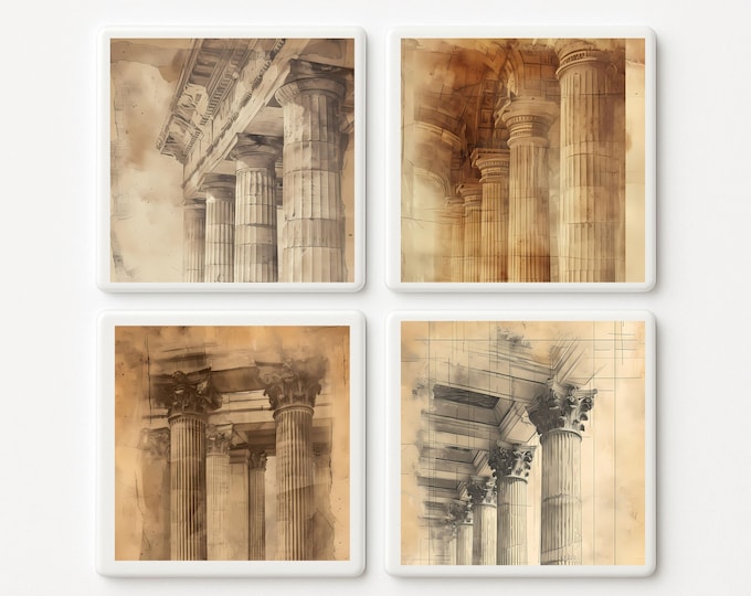 Ancient Columns Tile Set (4) | Classical Architecture Decor | Vintage Art Tiles