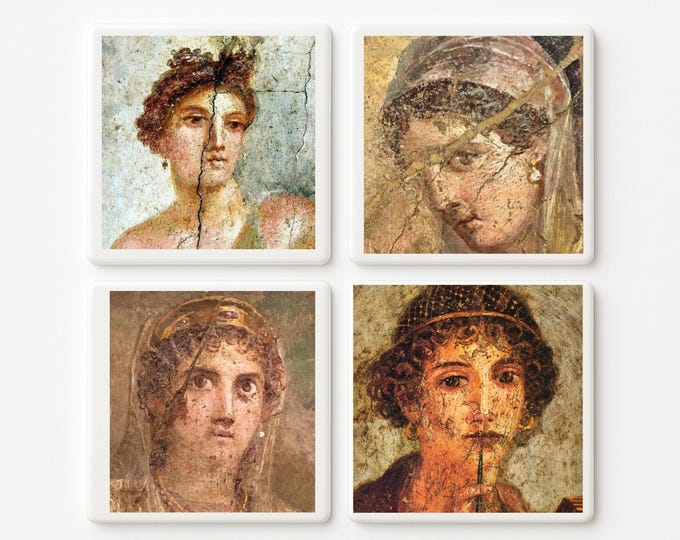Roman Fresco Portrait Tile Coasters – Set of 4, Ancient Pompeii Style