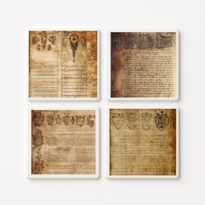 May include: A set of four square coasters featuring a vintage parchment paper design with sepia-toned ink illustrations of handwritten cursive text, intricate decorative borders, and various heraldic crests or shields printed on each surface.