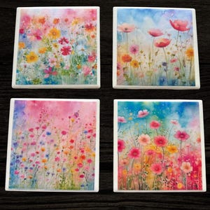 Watercolor Wildflower Ceramic Tile Coaster: Handmade Drink Coaster