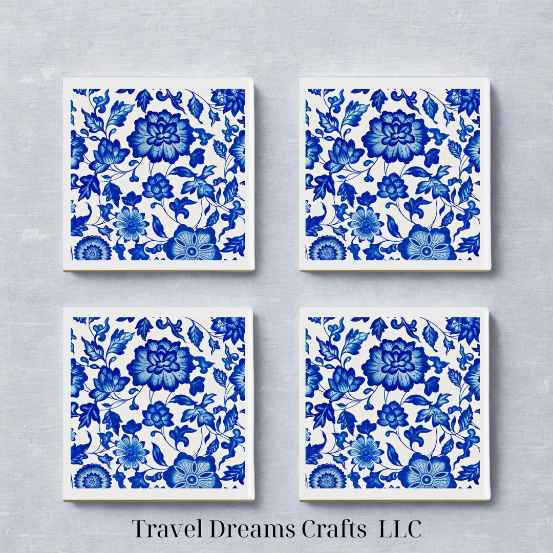 Chinoiserie Ceramic Tile Coaster Set: Handmade Drink Coasters - Etsy
