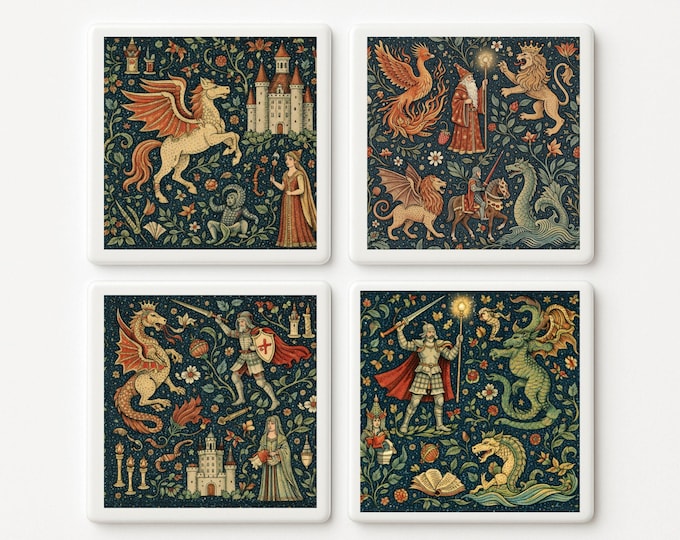 Medieval Mythical Beast Ceramic Tile | Dragon & Phoenix Art Deco