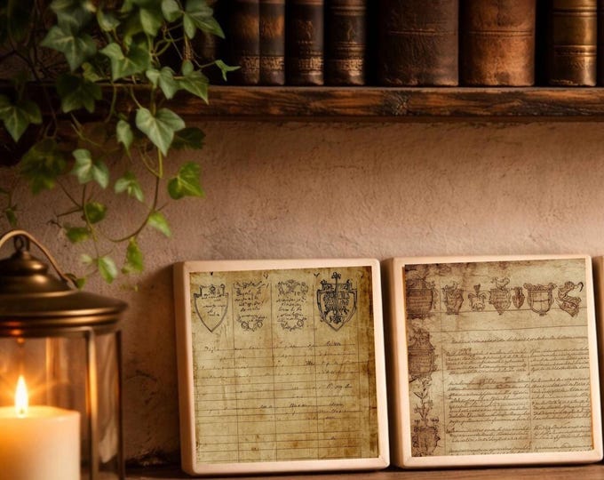 Medieval Manuscript Tile Coasters Antique Parchment Script Dark Academia Library Decor Historical Wall Art