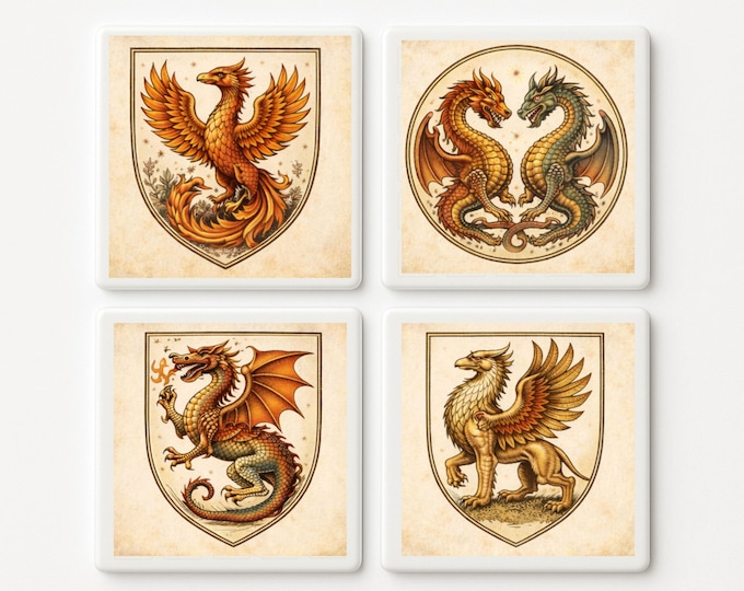 Medieval Dragon & Phoenix Ceramic Tile set – Heraldic Fantasy Decor – 4x4 Gothic Art