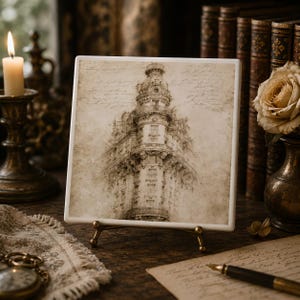 Op de afbeelding: Een vierkante keramische tegel met een sepia-kleurige architecturale schets van een hoog, sierlijk gebouw met een koepeldak. De afbeelding bevat een vaag, cursief handschrift over de tekening, gepresenteerd op een kleine metalen standaard.