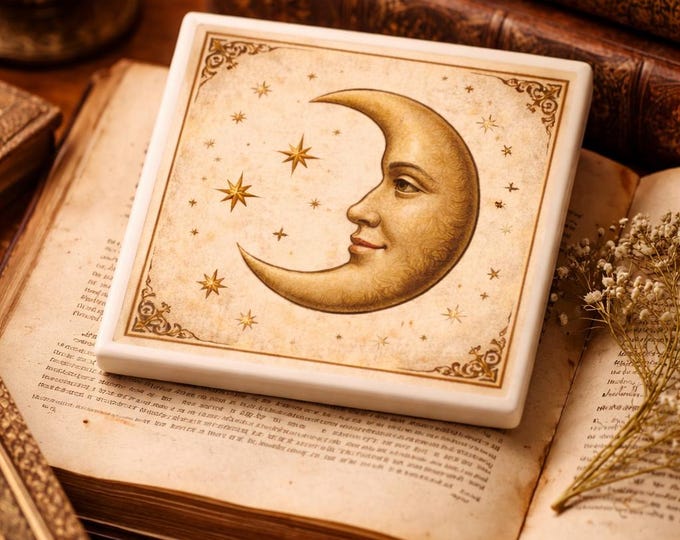 Celestial Sun Moon Tile Coaster Vintage Star Ceramic Decor