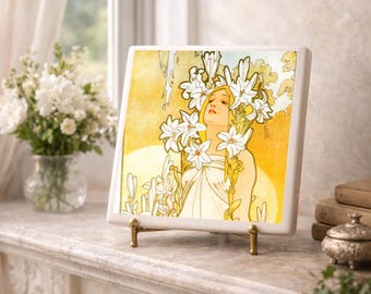 Alphonse Mucha Keramikuntersetzer, Jugendstil-Akzent, florales Vintage-Dekor, romantisches viktorianisches Geschenk