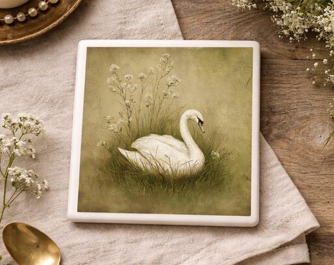 Swan Floral Ceramic Tile Coaster, Vintage Botanical Decor, Cottage Manor Art, Romantic Old World