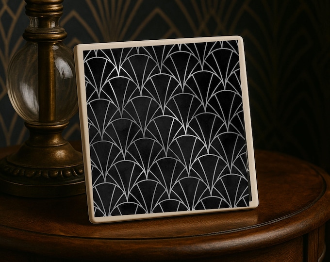 Art Deco Black Silver Ceramic Tile | Handmade Decorative | Vintage Nouveau Coaster or Wall decor
