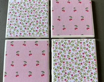Pink and white Cherry cute flowers kawaii Coaster Set (4 piece set)