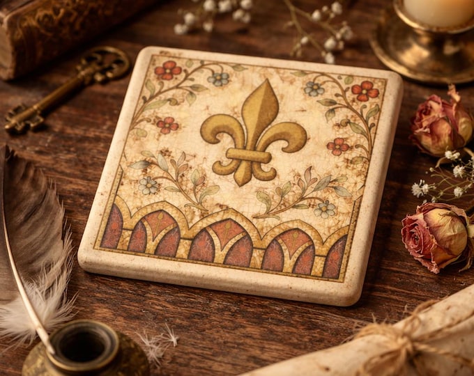 Medieval Fleur de Lis Tile | Gothic Floral Ceramic Coaster | Castle Decor