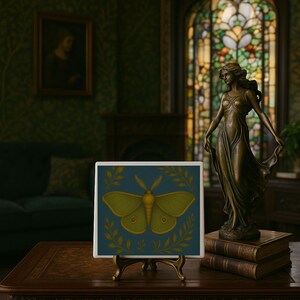 Pode incluir: Azulejo de cerâmica quadrado com uma ilustração detalhada de uma mariposa verde-amarela com grandes ocelos, sobre um fundo azul escuro. A mariposa é emoldurada por uma coroa de folhas amarelo-dourado. O azulejo é exibido em um pequeno e ornamentado suporte de latão.