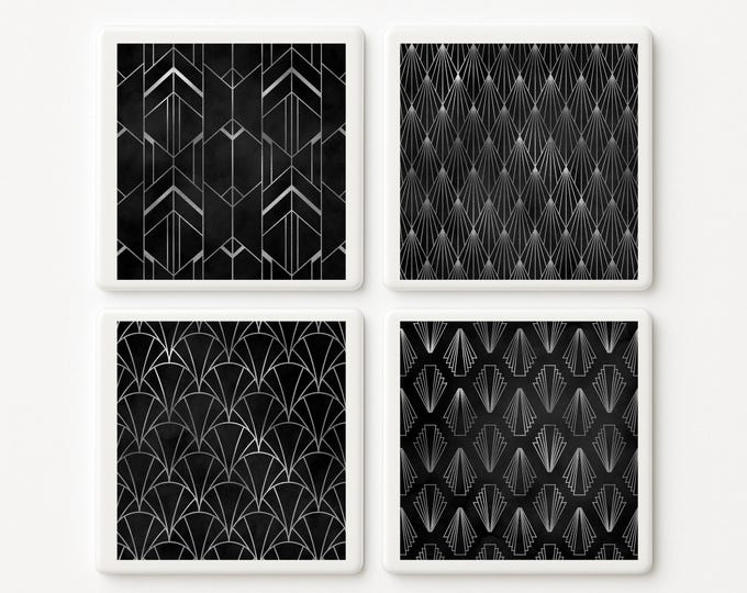 Art Deco black silver ceramic Coaster Set • White 4x4 Tile