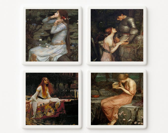 Pre Raphaelite Medieval Art Tile Coasters – Romantic Ophelia Lady of Shalott – Vintage Moody Cottagecore