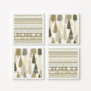 May include: A set of four square coasters featuring two distinct designs. Two coasters display a repeating horizontal pattern of geometric shapes in shades of beige and white. The other two coasters show a forest scene with various evergreen trees.