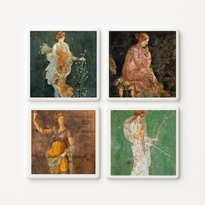 May include: A set of four square coasters featuring classical Roman-style fresco paintings. Each coaster displays a distinct figure in historical attire against backgrounds of dark green, black, brown, and bright green, showcasing aged textures.