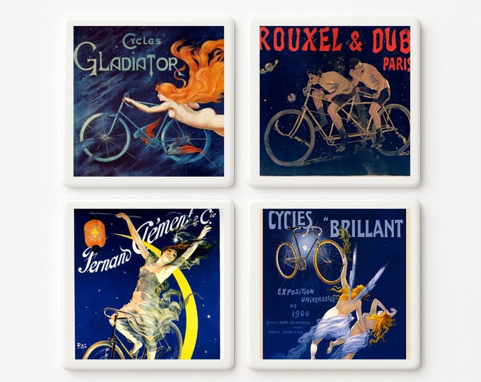 Vintage Bicycle Poster Ceramic Tile Coaster Set – Art Nouveau Cycling Decor