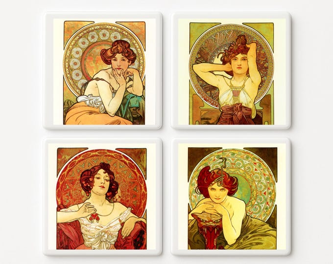 Art Nouveau Ceramic Tile Set Mucha Style Coasters Wall Decor