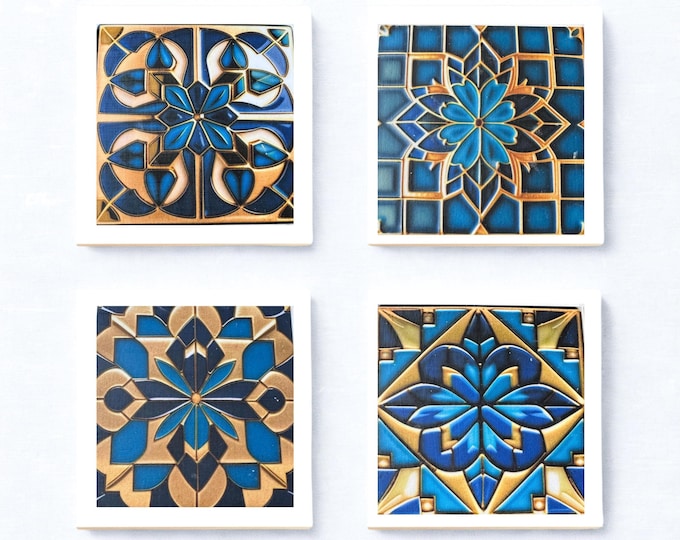 Art Deco Ceramic Tile Coaster Set: Handmade Decoupage Drink Coasters