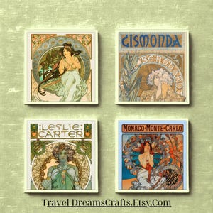 Set di sottobicchieri in ceramica Mucha Art Nouveau: decorazioni vintage fatte a mano