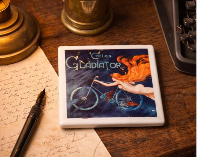 Vintage Bicycle Poster Ceramic Tile Coaster Set – Art Nouveau Cycling Decor