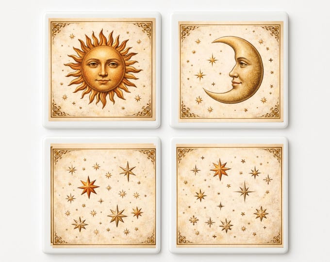 Celestial Tile Set Sun Moon Stars Vintage Ceramic Coasters