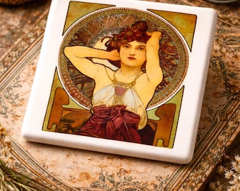 Jugendstil Lady Keramikfliesenuntersetzer Mucha-Stil-Dekor