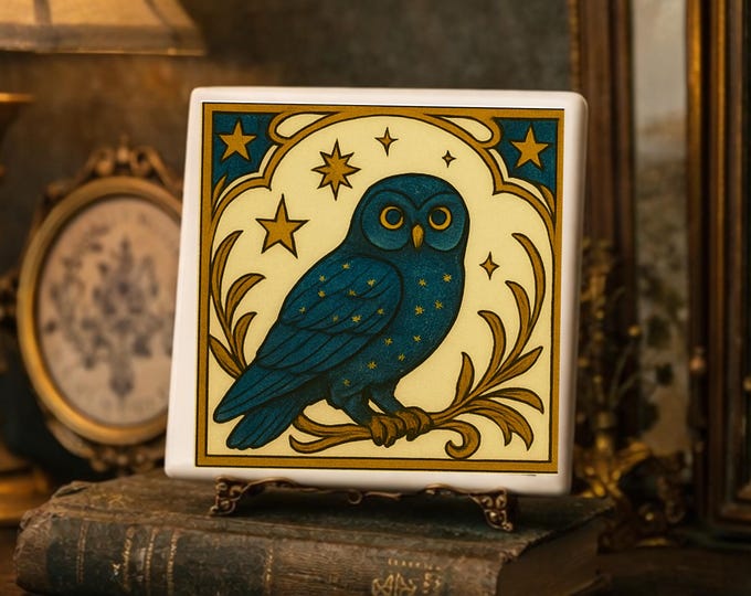 Handcrafted Owl Ceramic Tile Coaster Set: Woodland Celtic Cottagecore Decor